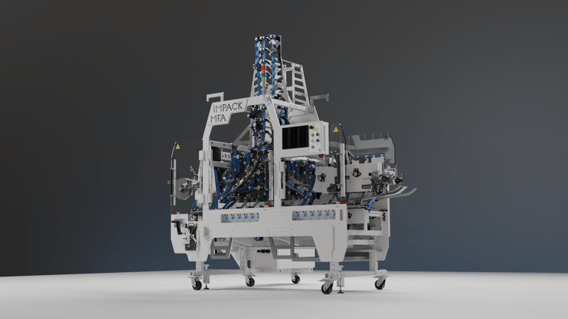 Girapacchi automatico MFA di IMPACK progettato per ruotare e riorientare i pacchi di prodotti all'interno di una linea di confezionamento automatizzata.