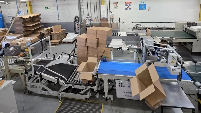 Wide view of an IMPACK ERGOSA automatic packer integrated with a folder-gluer to streamline carton collection, counting, and packing operations.