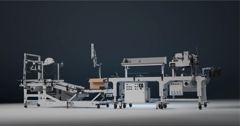 Vista completa della macchina ERGOSA di IMPACK dotata di sistema di trasporto, modulo di separazione dei prodotti e stazione di confezionamento automatizzata.