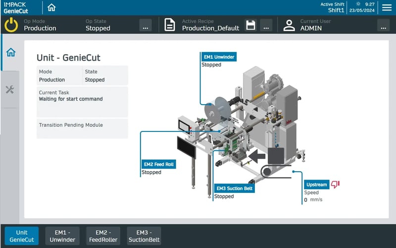 IMPACK automation platform, HMI GENIECUT, machine overview screenshot