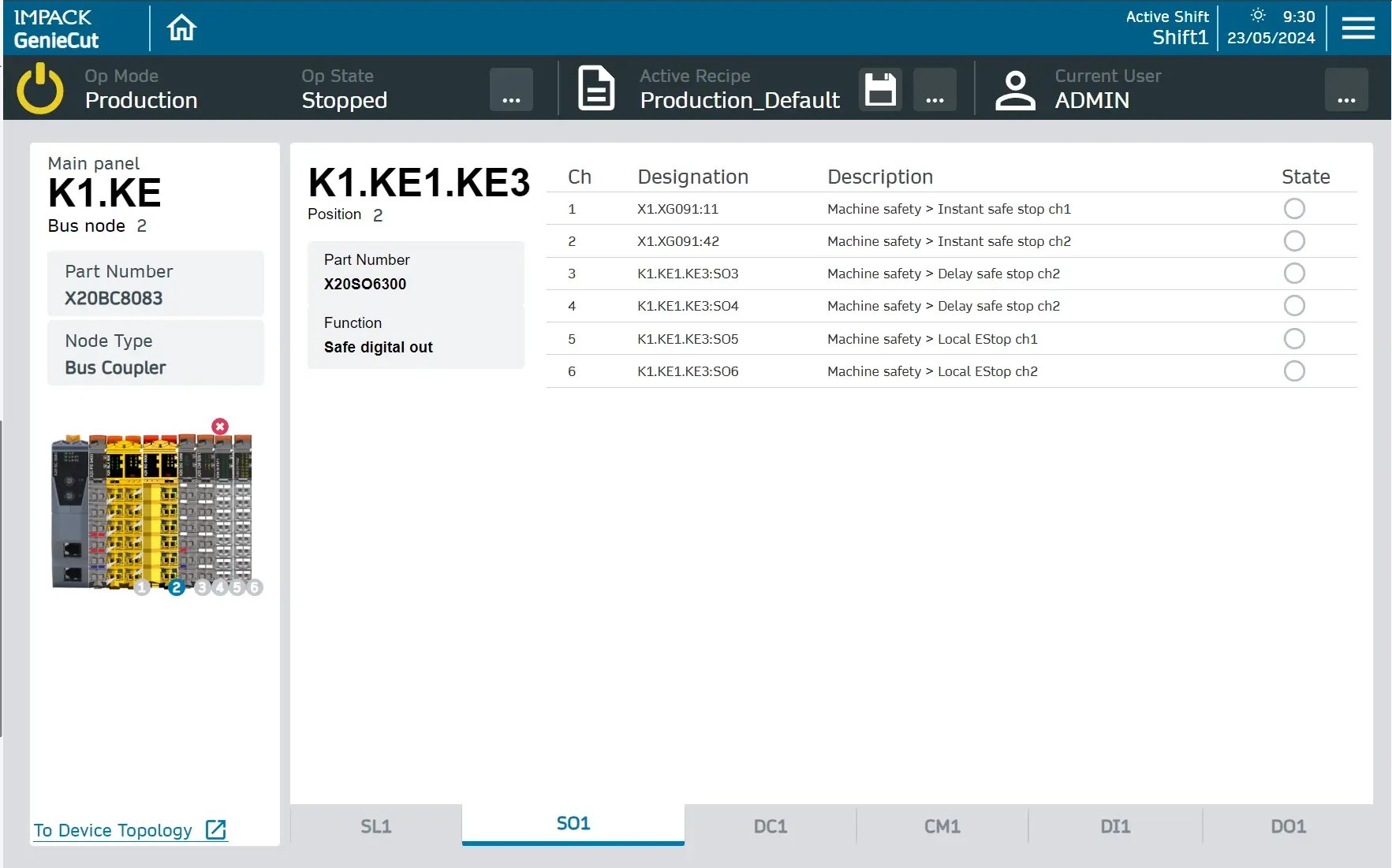 IMPACK automation platform, HMI GENIECUT, machine overview screenshot
