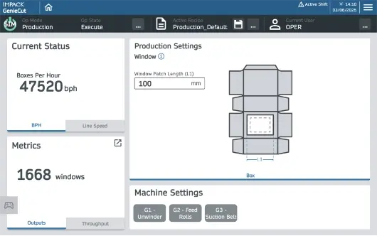 IMPACK automation platform, HMI GENIECUT, production status screenshot